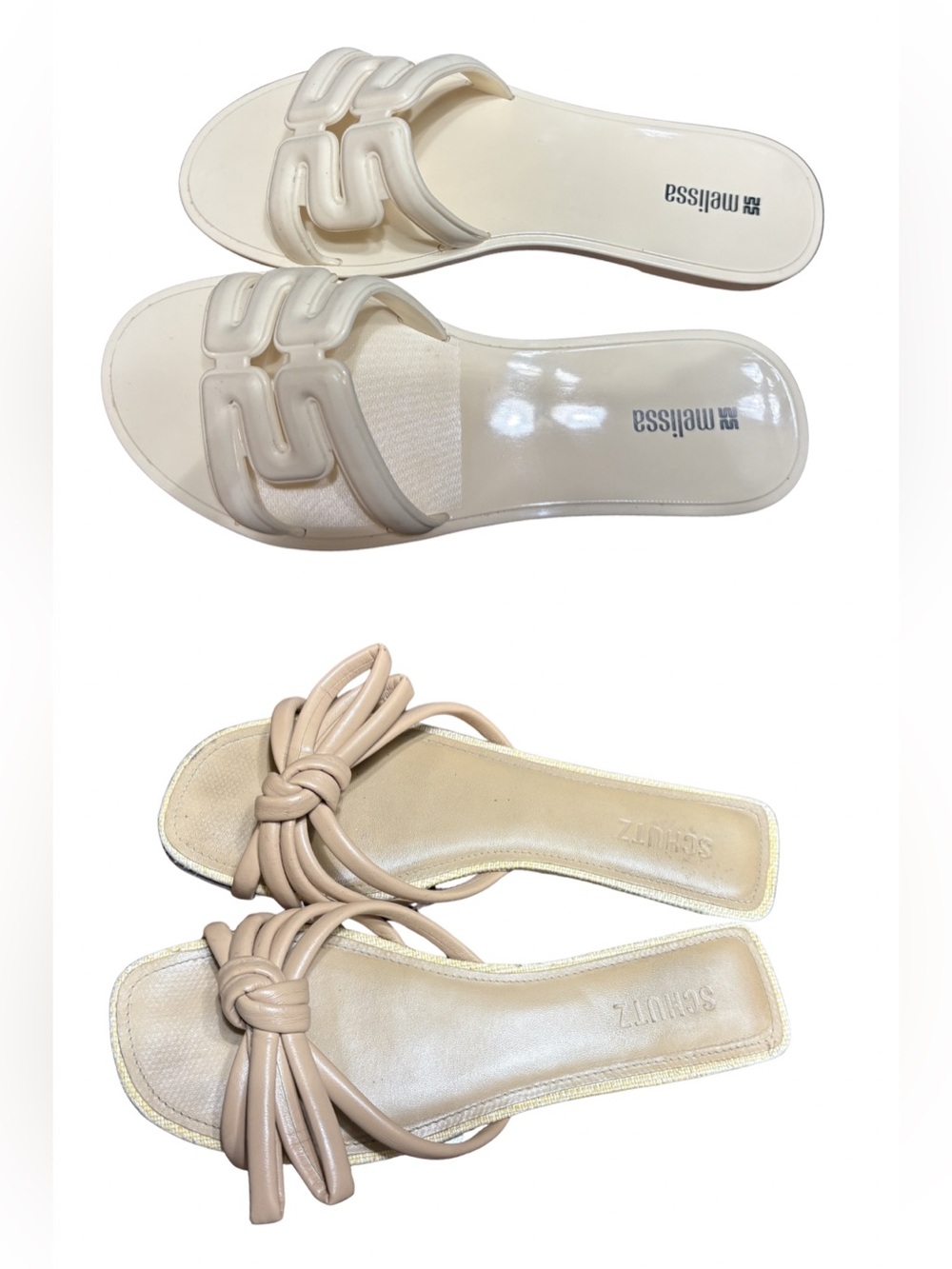 Sale of two sandals: Melissa Slide Sandals and Knotted Sandals.